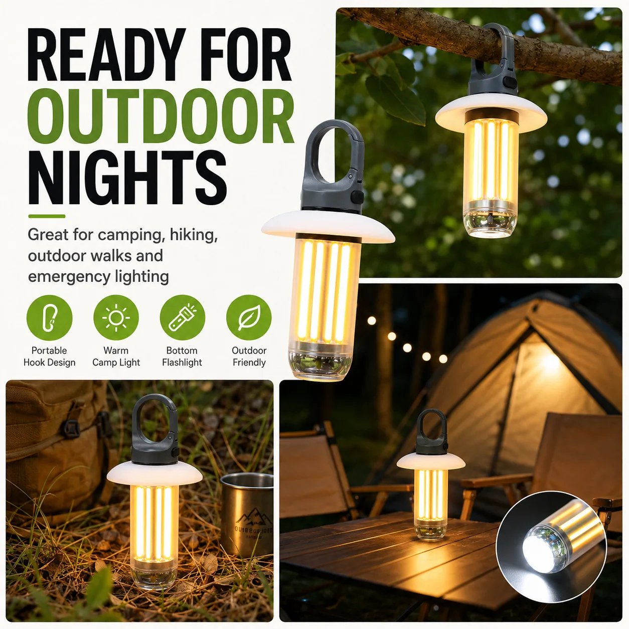 LED Rechargeable Flashlight Camping Lantern 5 Modes Super Bright Portable Hanging Tent Lamp Waterproof Hiking Fishing Outdoor