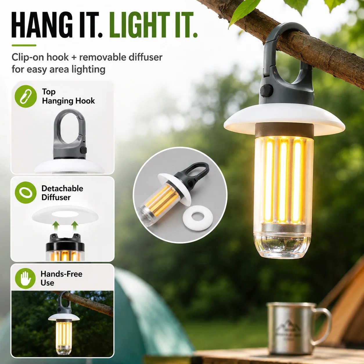LED Rechargeable Flashlight Camping Lantern 5 Modes Super Bright Portable Hanging Tent Lamp Waterproof Hiking Fishing Outdoor