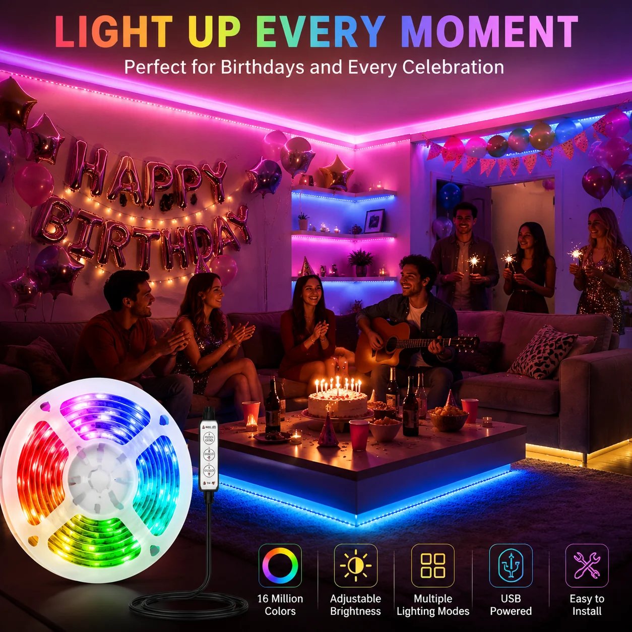 USB LED Light Strip with 3-Button Remote - Image 2