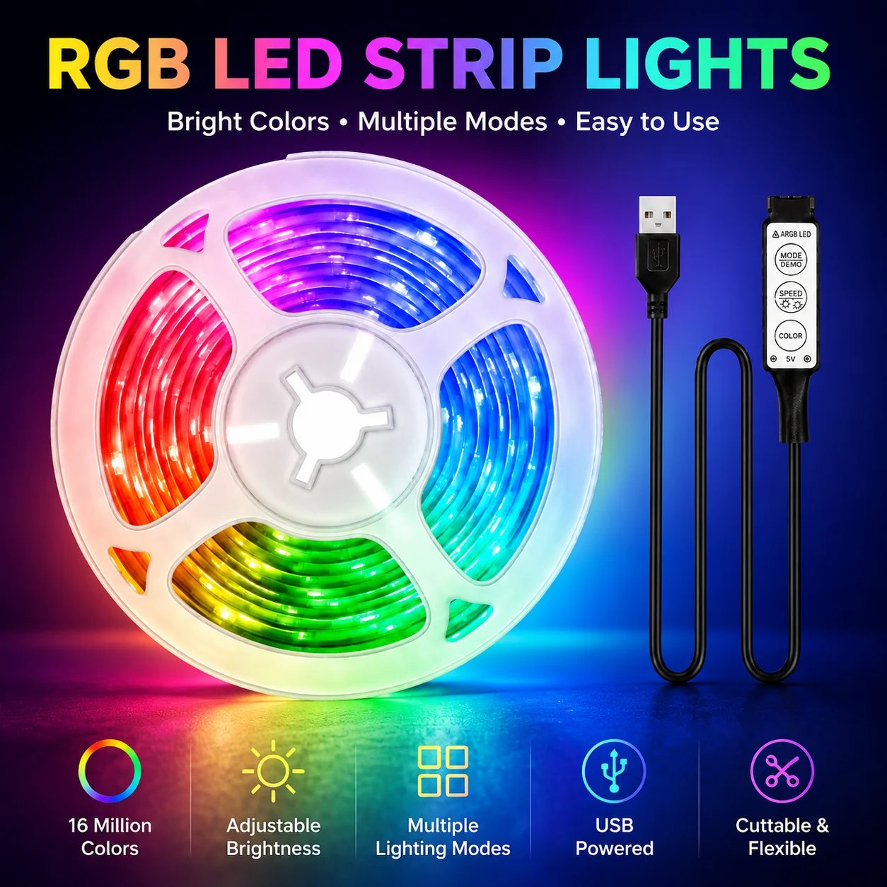 USB LED Light Strip with 3-Button Remote